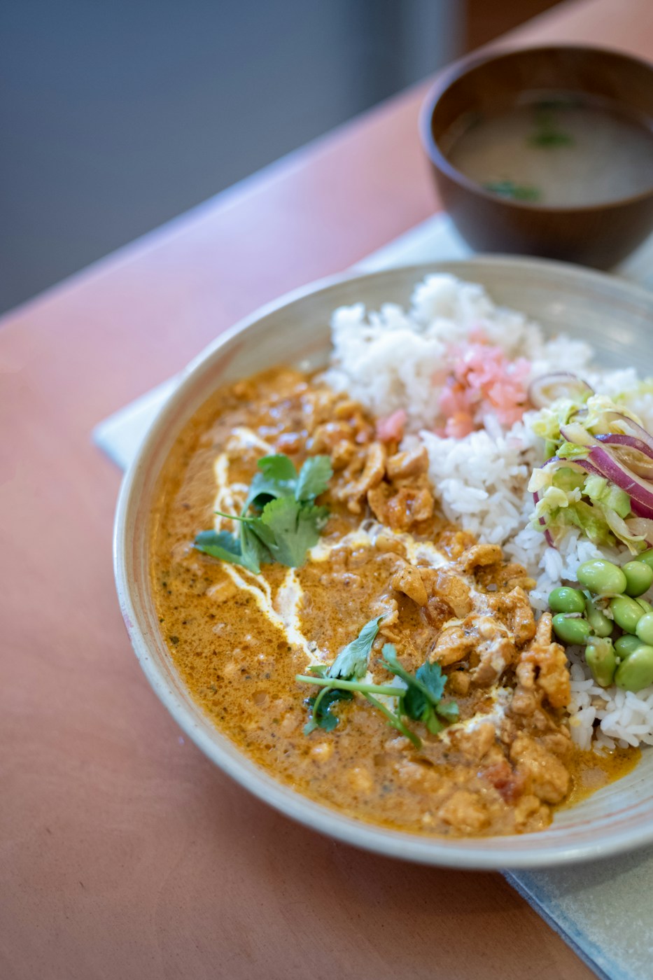 A freshly cooked curry with rice, edamame and a side salad